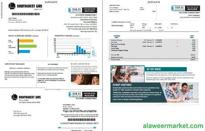 USA Southwest Gas utility bill template in Word and PDF formats, 2 pages